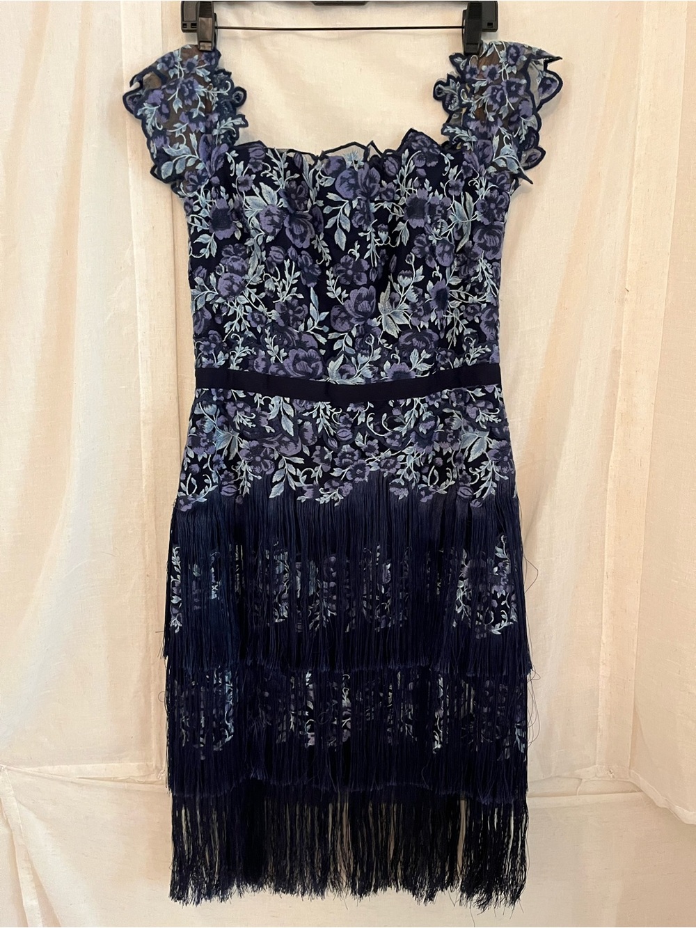 Navy Floral Embroidered Fringe Mini Dress